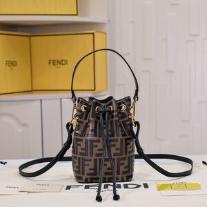 Fendi Brown FF Logo Drawstring Bucket Crossbody Bag